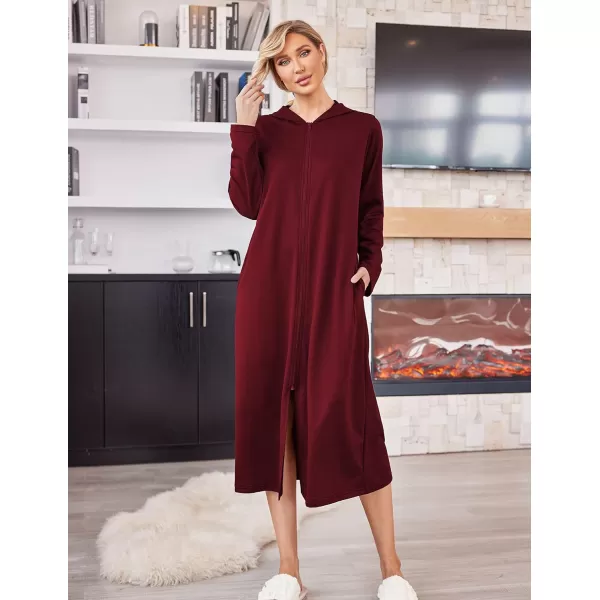 Ekouaer Robe for Women Zipper Robe Loungewear Full Length Sleepwear Pockets Housecoat Casual Straight RobeAwine Red