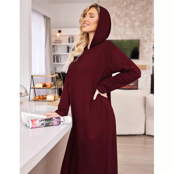 Ekouaer Robe for Women Zipper Robe Loungewear Full Length Sleepwear Pockets Housecoat Casual Straight RobeAwine Red