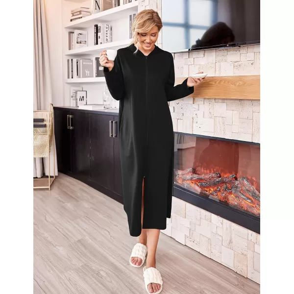 Ekouaer Robe for Women Zipper Robe Loungewear Full Length Sleepwear Pockets Housecoat Casual Straight RobeBblack