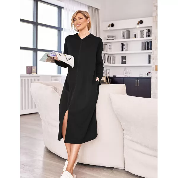 Ekouaer Robe for Women Zipper Robe Loungewear Full Length Sleepwear Pockets Housecoat Casual Straight RobeBblack