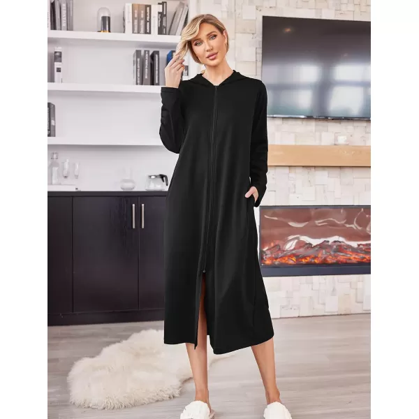 Ekouaer Robe for Women Zipper Robe Loungewear Full Length Sleepwear Pockets Housecoat Casual Straight RobeBblack