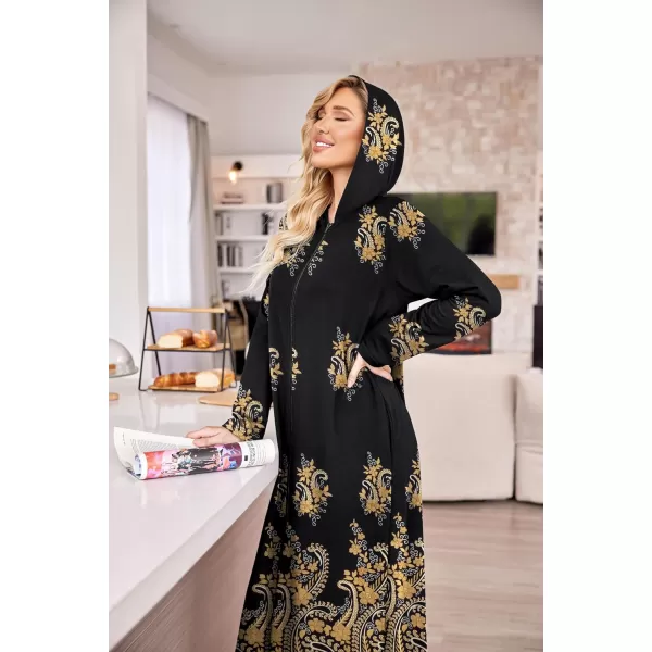 Ekouaer Robe for Women Zipper Robe Loungewear Full Length Sleepwear Pockets Housecoat Casual Straight RobeBlack amp Gold Flower