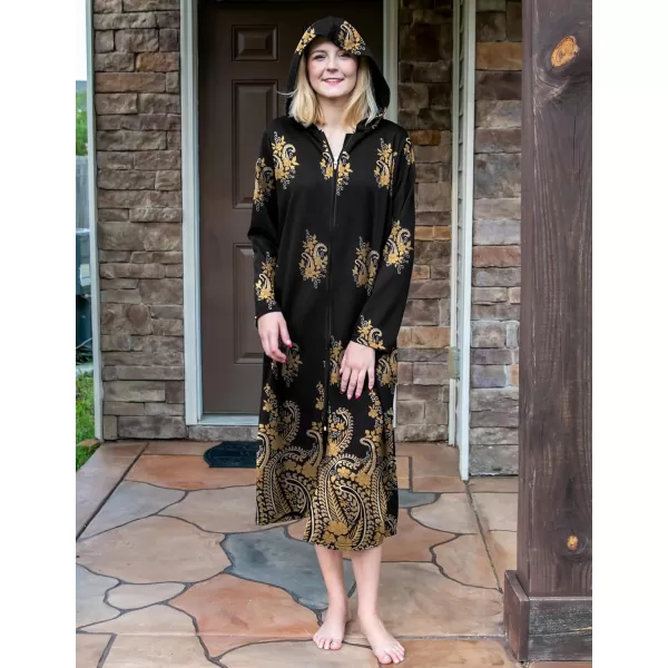 Ekouaer Robe for Women Zipper Robe Loungewear Full Length Sleepwear Pockets Housecoat Casual Straight RobeBlack amp Gold Flower
