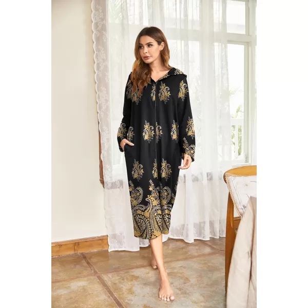 Ekouaer Robe for Women Zipper Robe Loungewear Full Length Sleepwear Pockets Housecoat Casual Straight RobeBlack amp Gold Flower