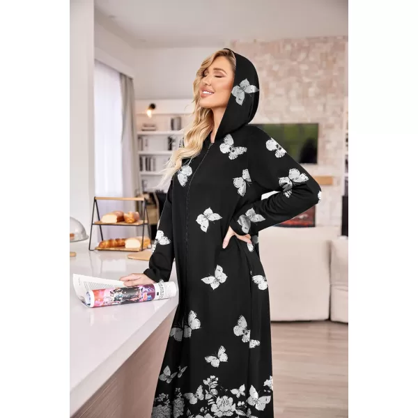 Ekouaer Robe for Women Zipper Robe Loungewear Full Length Sleepwear Pockets Housecoat Casual Straight RobeButterfly amp Flower