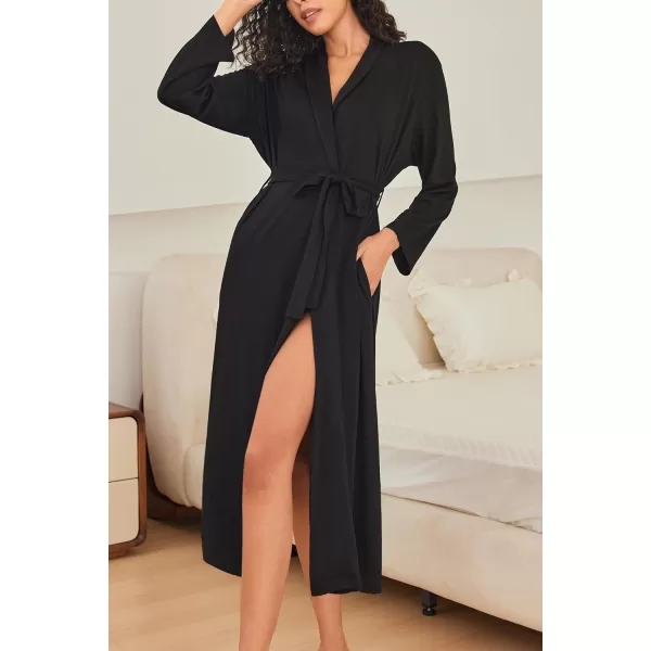 Ekouaer Robes for Women Long Sleeve Knit Kimono Bathrobe Soft Lightweight Loungewear Ladies Cotton SleepwearBlack