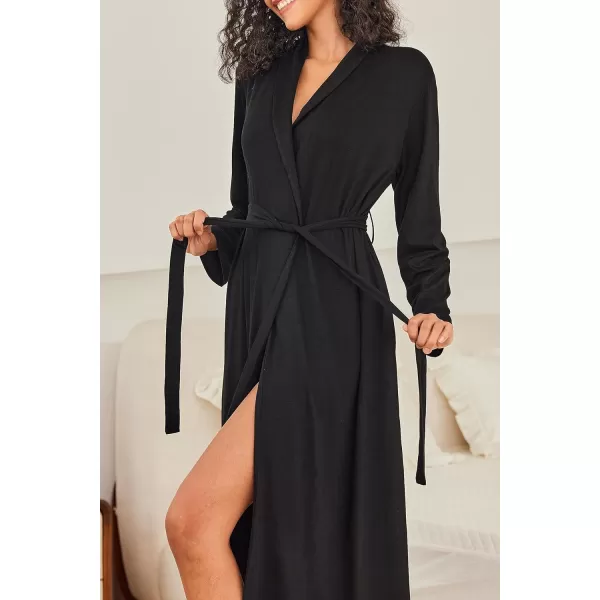 Ekouaer Robes for Women Long Sleeve Knit Kimono Bathrobe Soft Lightweight Loungewear Ladies Cotton SleepwearBlack