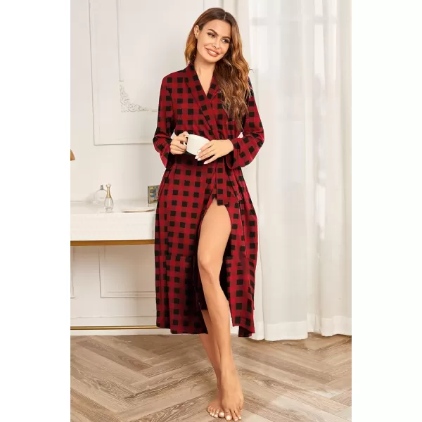 Ekouaer Robes for Women Long Sleeve Knit Kimono Bathrobe Soft Lightweight Loungewear Ladies Cotton SleepwearRed Plaid