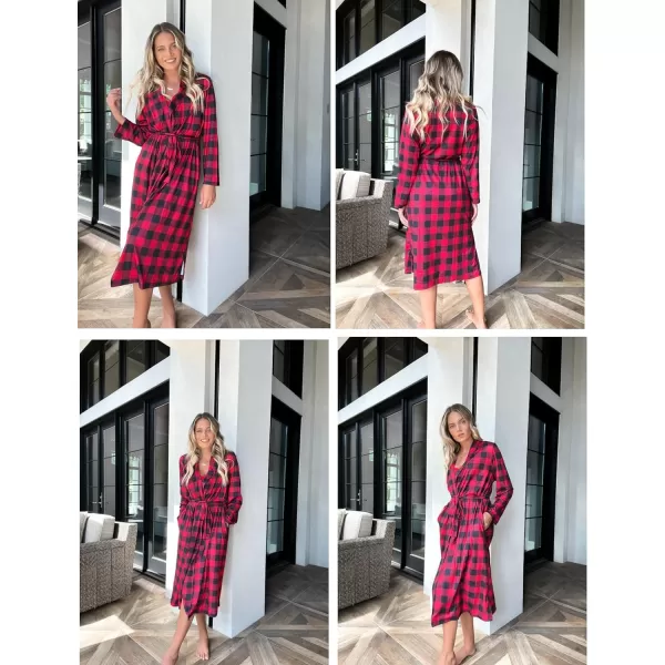 Ekouaer Robes for Women Long Sleeve Knit Kimono Bathrobe Soft Lightweight Loungewear Ladies Cotton SleepwearRed Plaid