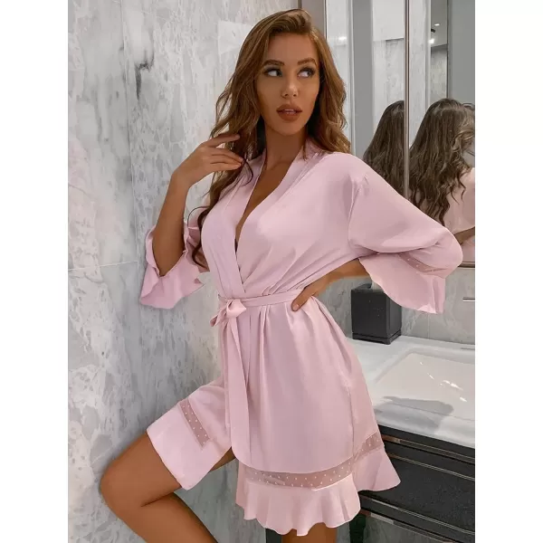 Ekouaer Robes for Women Satin Kimono Robes Ruffle Hem Silky Bathrobes Silk Robes Short Bridesmaids Robe Dressing Gown SXXLCoral Pink