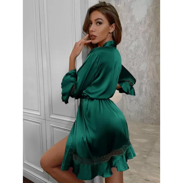 Ekouaer Robes for Women Satin Kimono Robes Ruffle Hem Silky Bathrobes Silk Robes Short Bridesmaids Robe Dressing Gown SXXLDark Green