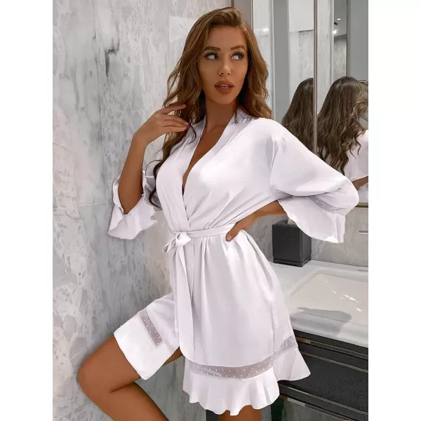 Ekouaer Robes for Women Satin Kimono Robes Ruffle Hem Silky Bathrobes Silk Robes Short Bridesmaids Robe Dressing Gown SXXLWhite