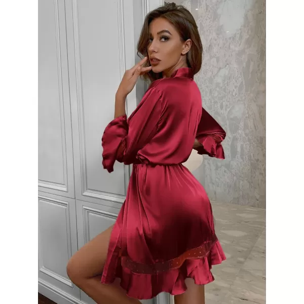 Ekouaer Robes for Women Satin Kimono Robes Ruffle Hem Silky Bathrobes Silk Robes Short Bridesmaids Robe Dressing Gown SXXLWine Red