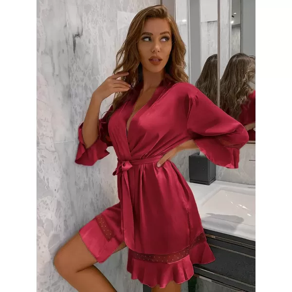 Ekouaer Robes for Women Satin Kimono Robes Ruffle Hem Silky Bathrobes Silk Robes Short Bridesmaids Robe Dressing Gown SXXLWine Red