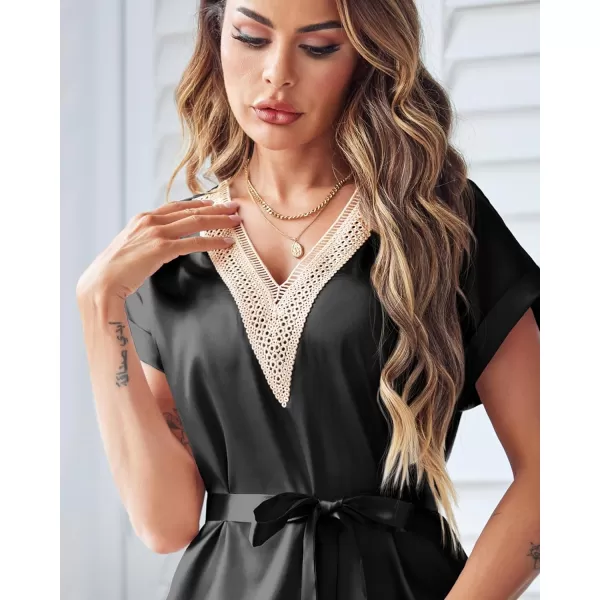 Ekouaer Satin Nightgowns for Women Short Sleeve Nightshirt Sleepwear Guipure Lace VNeck Sleep Dress with Belt SXXLBlack