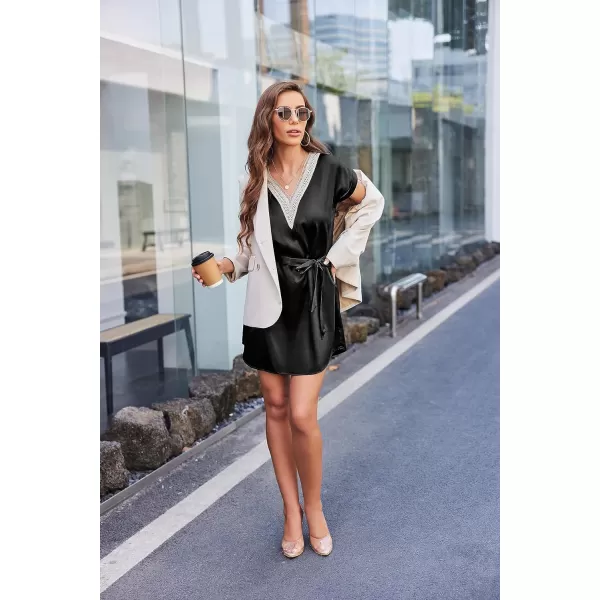 Ekouaer Satin Nightgowns for Women Short Sleeve Nightshirt Sleepwear Guipure Lace VNeck Sleep Dress with Belt SXXLBlack