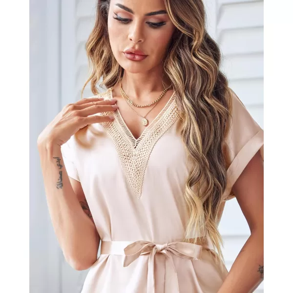 Ekouaer Satin Nightgowns for Women Short Sleeve Nightshirt Sleepwear Guipure Lace VNeck Sleep Dress with Belt SXXLChampagne