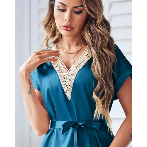 Ekouaer Satin Nightgowns for Women Short Sleeve Nightshirt Sleepwear Guipure Lace VNeck Sleep Dress with Belt SXXLDeep Blue