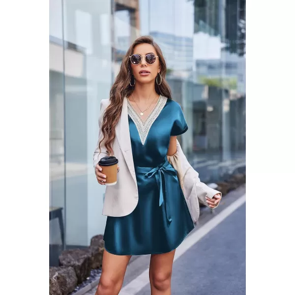 Ekouaer Satin Nightgowns for Women Short Sleeve Nightshirt Sleepwear Guipure Lace VNeck Sleep Dress with Belt SXXLDeep Blue