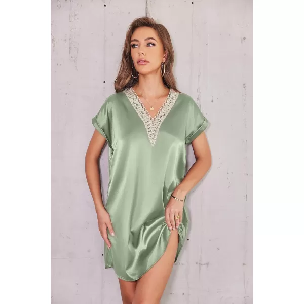 Ekouaer Satin Nightgowns for Women Short Sleeve Nightshirt Sleepwear Guipure Lace VNeck Sleep Dress with Belt SXXLLight Green