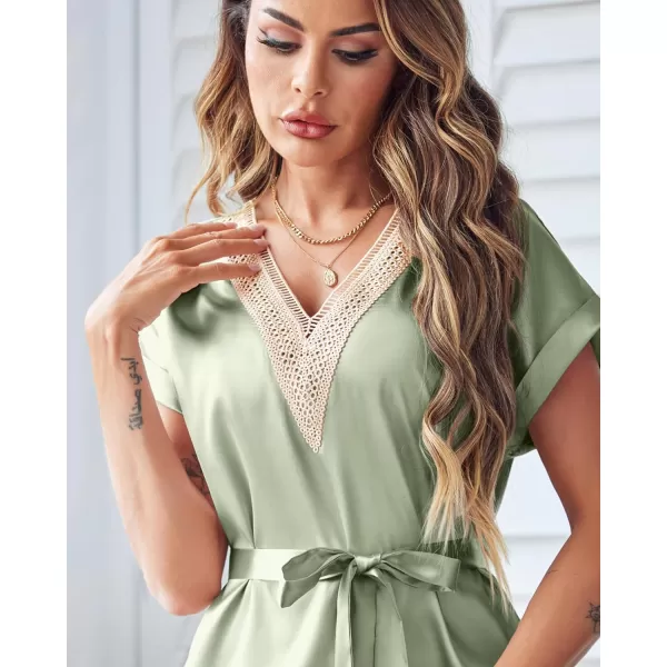 Ekouaer Satin Nightgowns for Women Short Sleeve Nightshirt Sleepwear Guipure Lace VNeck Sleep Dress with Belt SXXLLight Green