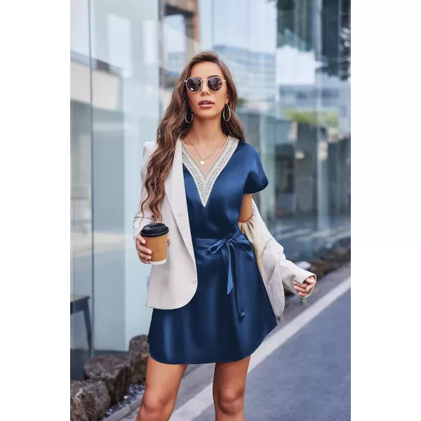 Ekouaer Satin Nightgowns for Women Short Sleeve Nightshirt Sleepwear Guipure Lace VNeck Sleep Dress with Belt SXXLNavy Blue