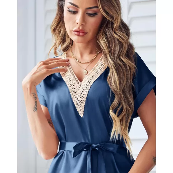 Ekouaer Satin Nightgowns for Women Short Sleeve Nightshirt Sleepwear Guipure Lace VNeck Sleep Dress with Belt SXXLNavy Blue