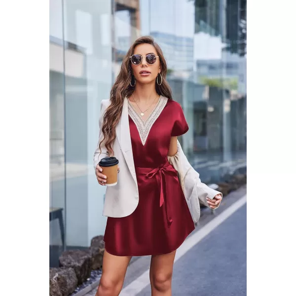 Ekouaer Satin Nightgowns for Women Short Sleeve Nightshirt Sleepwear Guipure Lace VNeck Sleep Dress with Belt SXXLWine Red