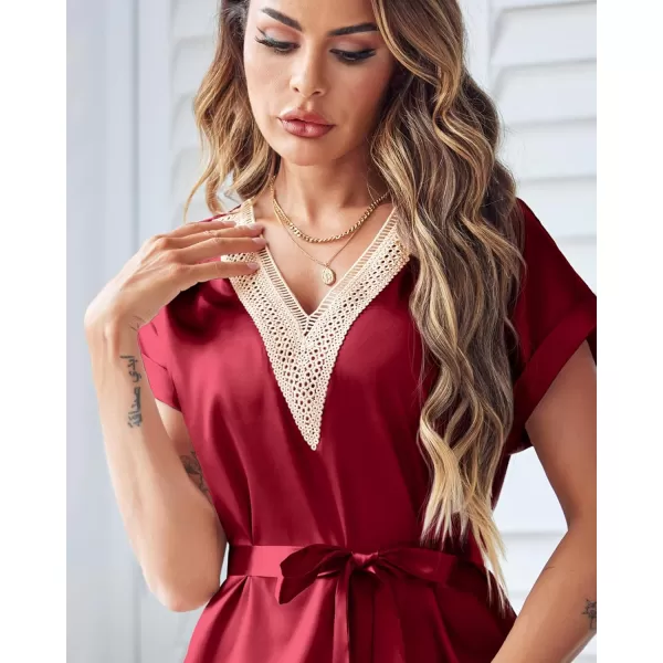 Ekouaer Satin Nightgowns for Women Short Sleeve Nightshirt Sleepwear Guipure Lace VNeck Sleep Dress with Belt SXXLWine Red