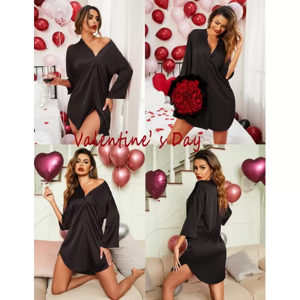 Ekouaer Satin Nightgowns for Women Silk Sleepwear Button Down Sleepshirt 34 Sleeve VNeck Nightshirts with Pockets01 Black