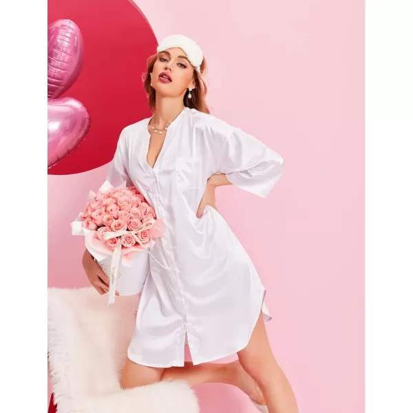 Ekouaer Satin Nightgowns for Women Silk Sleepwear Button Down Sleepshirt 34 Sleeve VNeck Nightshirts with Pockets01 White