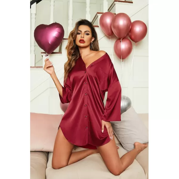 Ekouaer Satin Nightgowns for Women Silk Sleepwear Button Down Sleepshirt 34 Sleeve VNeck Nightshirts with Pockets01 Wine Red