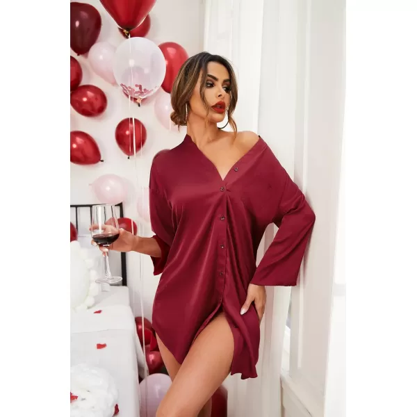 Ekouaer Satin Nightgowns for Women Silk Sleepwear Button Down Sleepshirt 34 Sleeve VNeck Nightshirts with Pockets01 Wine Red