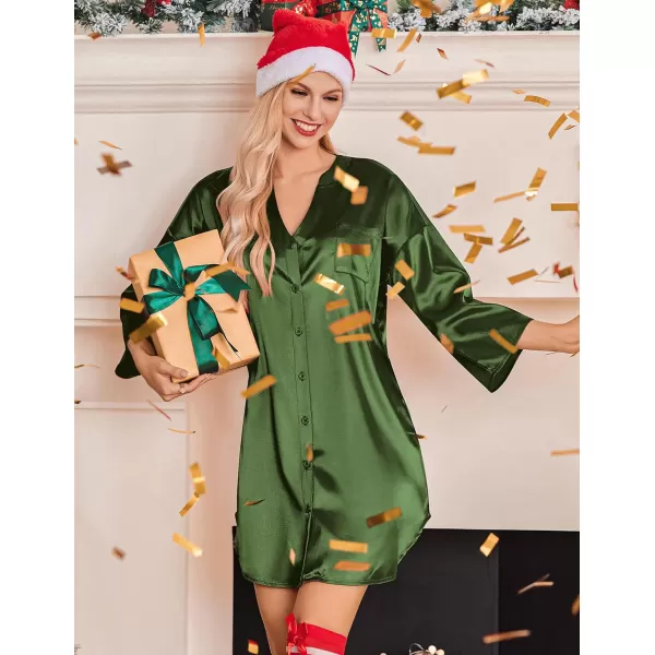 Ekouaer Satin Nightgowns for Women Silk Sleepwear Button Down Sleepshirt 34 Sleeve VNeck Nightshirts with PocketsArmy Green