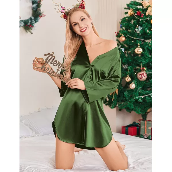 Ekouaer Satin Nightgowns for Women Silk Sleepwear Button Down Sleepshirt 34 Sleeve VNeck Nightshirts with PocketsArmy Green