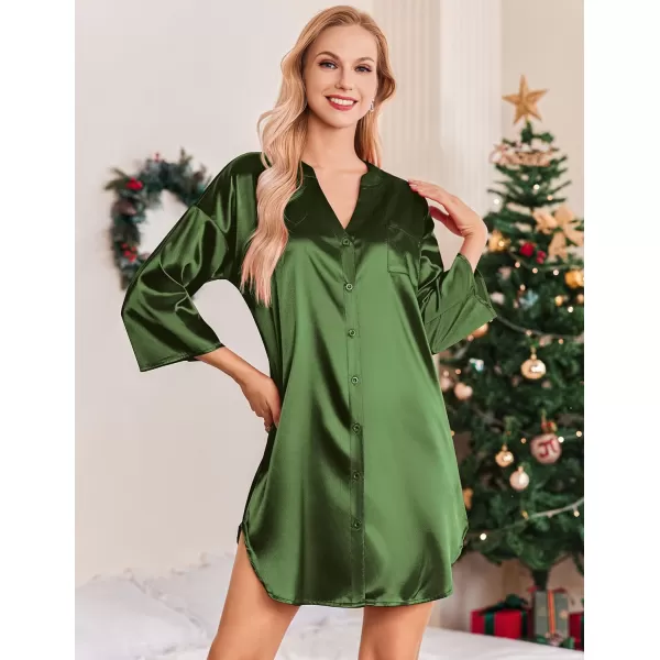 Ekouaer Satin Nightgowns for Women Silk Sleepwear Button Down Sleepshirt 34 Sleeve VNeck Nightshirts with PocketsArmy Green