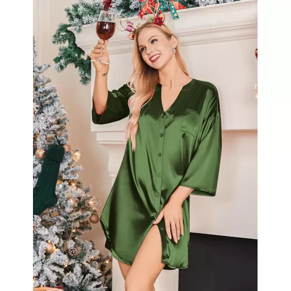 Ekouaer Satin Nightgowns for Women Silk Sleepwear Button Down Sleepshirt 34 Sleeve VNeck Nightshirts with PocketsArmy Green