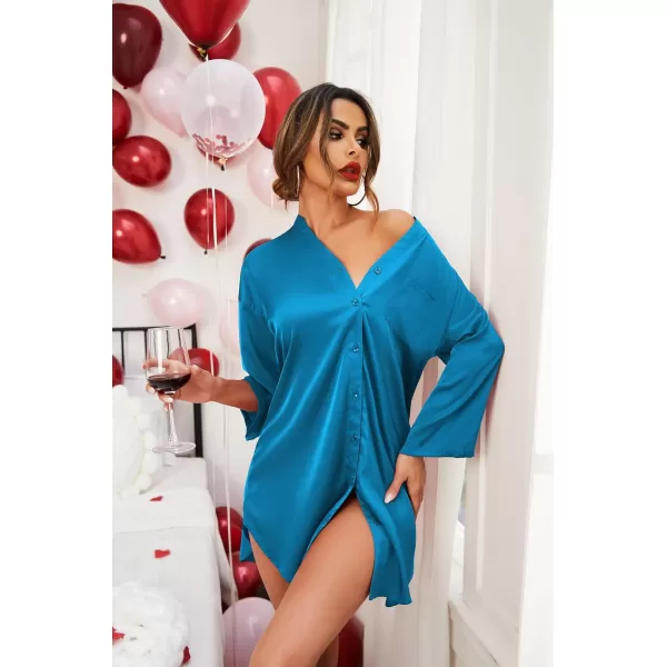 Ekouaer Satin Nightgowns for Women Silk Sleepwear Button Down Sleepshirt 34 Sleeve VNeck Nightshirts with PocketsBlue