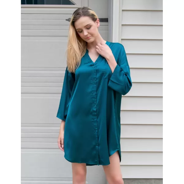 Ekouaer Satin Nightgowns for Women Silk Sleepwear Button Down Sleepshirt 34 Sleeve VNeck Nightshirts with PocketsBlue Green