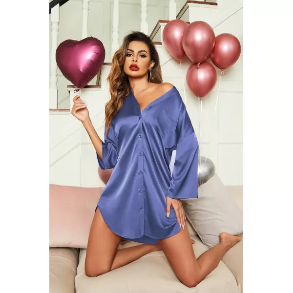 Ekouaer Satin Nightgowns for Women Silk Sleepwear Button Down Sleepshirt 34 Sleeve VNeck Nightshirts with PocketsBronze Violet