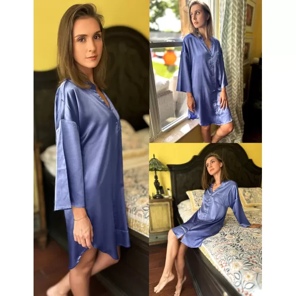 Ekouaer Satin Nightgowns for Women Silk Sleepwear Button Down Sleepshirt 34 Sleeve VNeck Nightshirts with PocketsBronze Violet