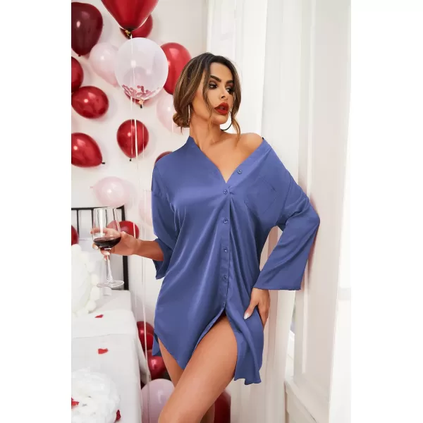 Ekouaer Satin Nightgowns for Women Silk Sleepwear Button Down Sleepshirt 34 Sleeve VNeck Nightshirts with PocketsBronze Violet