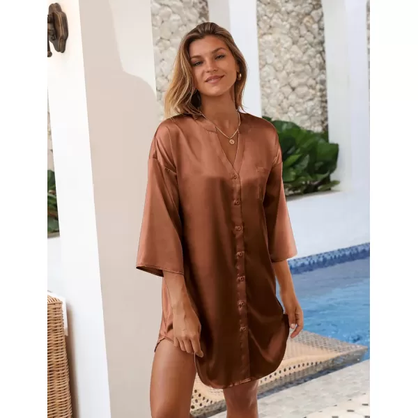 Ekouaer Satin Nightgowns for Women Silk Sleepwear Button Down Sleepshirt 34 Sleeve VNeck Nightshirts with PocketsBrown