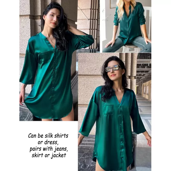 Ekouaer Satin Nightgowns for Women Silk Sleepwear Button Down Sleepshirt 34 Sleeve VNeck Nightshirts with PocketsDark Green