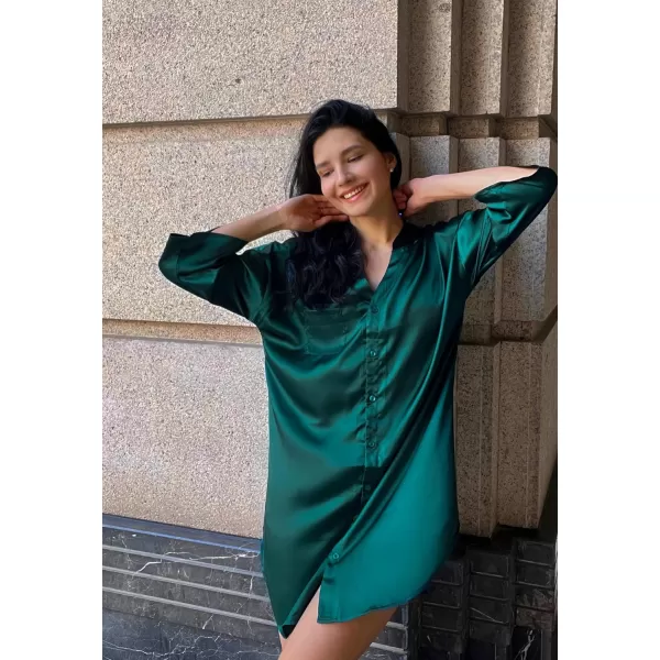 Ekouaer Satin Nightgowns for Women Silk Sleepwear Button Down Sleepshirt 34 Sleeve VNeck Nightshirts with PocketsDark Green