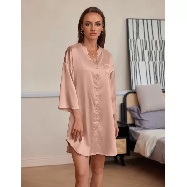 Ekouaer Satin Nightgowns for Women Silk Sleepwear Button Down Sleepshirt 34 Sleeve VNeck Nightshirts with PocketsDark Pink