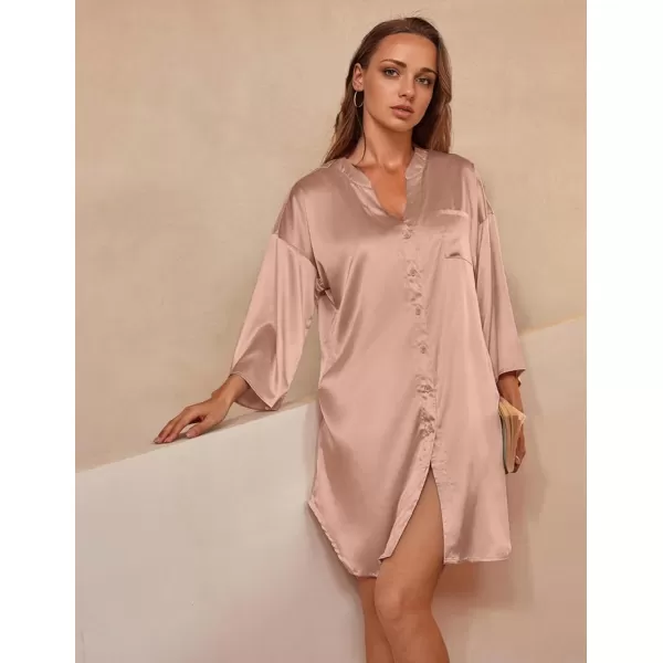 Ekouaer Satin Nightgowns for Women Silk Sleepwear Button Down Sleepshirt 34 Sleeve VNeck Nightshirts with PocketsDark Pink