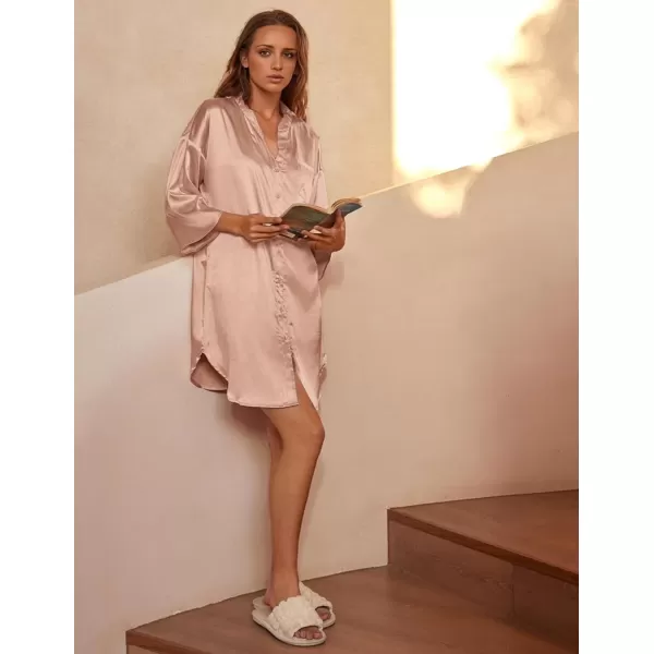 Ekouaer Satin Nightgowns for Women Silk Sleepwear Button Down Sleepshirt 34 Sleeve VNeck Nightshirts with PocketsDark Pink