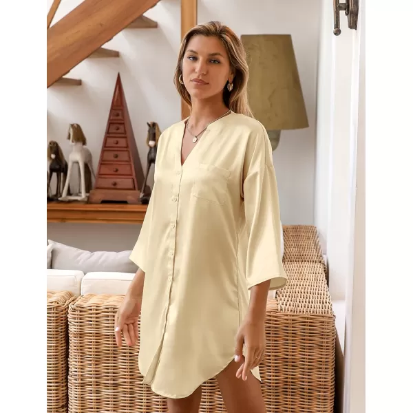 Ekouaer Satin Nightgowns for Women Silk Sleepwear Button Down Sleepshirt 34 Sleeve VNeck Nightshirts with PocketsKhaki