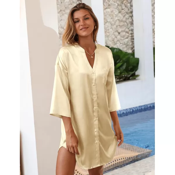 Ekouaer Satin Nightgowns for Women Silk Sleepwear Button Down Sleepshirt 34 Sleeve VNeck Nightshirts with PocketsKhaki